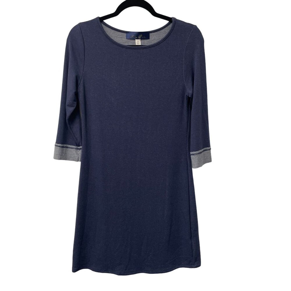 BLUE RAIN SHIFT DRESS STRETCH SIZE S MADE IN USA 3/4 SLEEVE COMFORT MINIMALIST